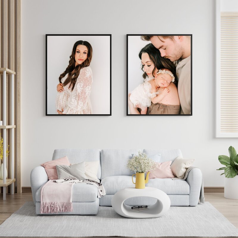 framed maternity and newborn photo by Springfield MO photographer The Xo Photography in living room