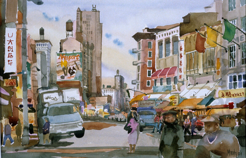 Watercolor Painting of a busy street