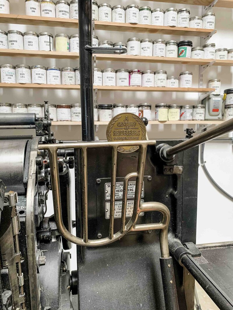 vintage Heidelberg press in southern California print shop