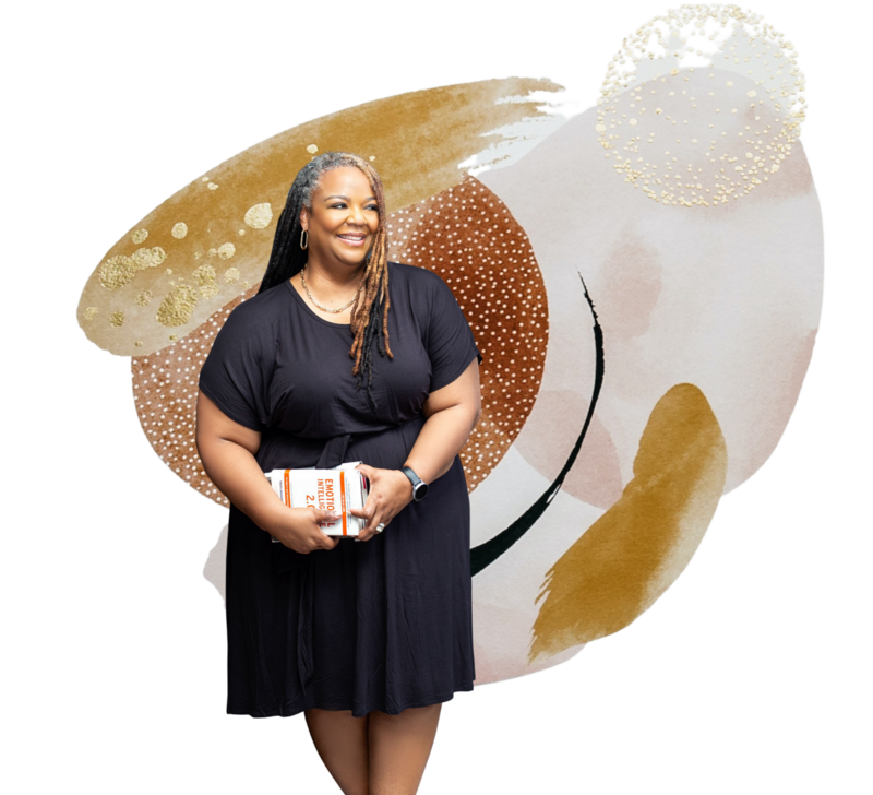 Kisha M Dixon standing in black dress with books in her hand stylized in front of gold and cream paint swatches