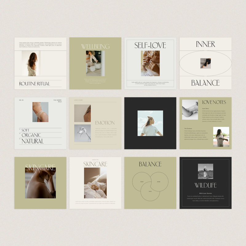 The Organic Collection features 36 social media templates that reflect a natural and grounded aesthetic. The templates embrace a holistic approach, emphasizing calmness and considered visuals. Ideal for those seeking to create authentic and thoughtful content, this set incorporates a sense of mindfulness.