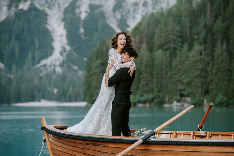 Couple eloping at Lago di Braies