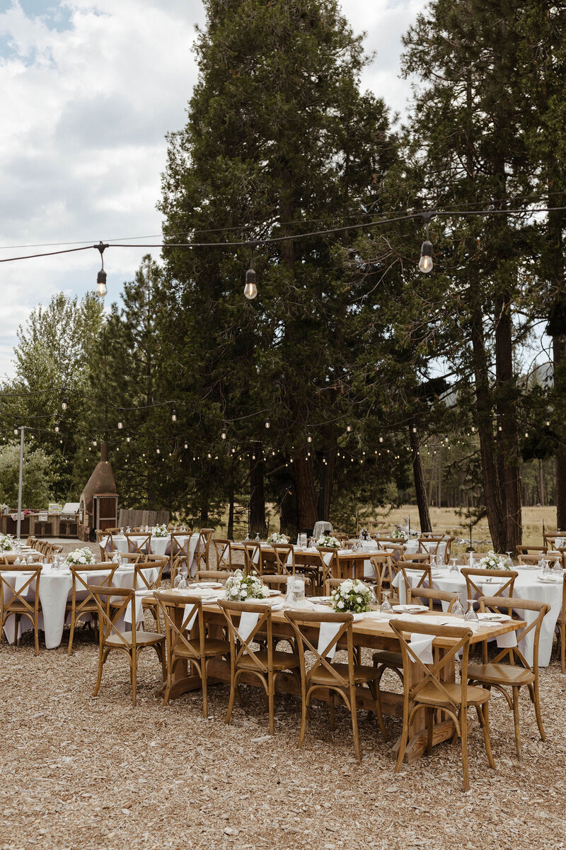 modern lake tahoe wedding reception decor with string lights