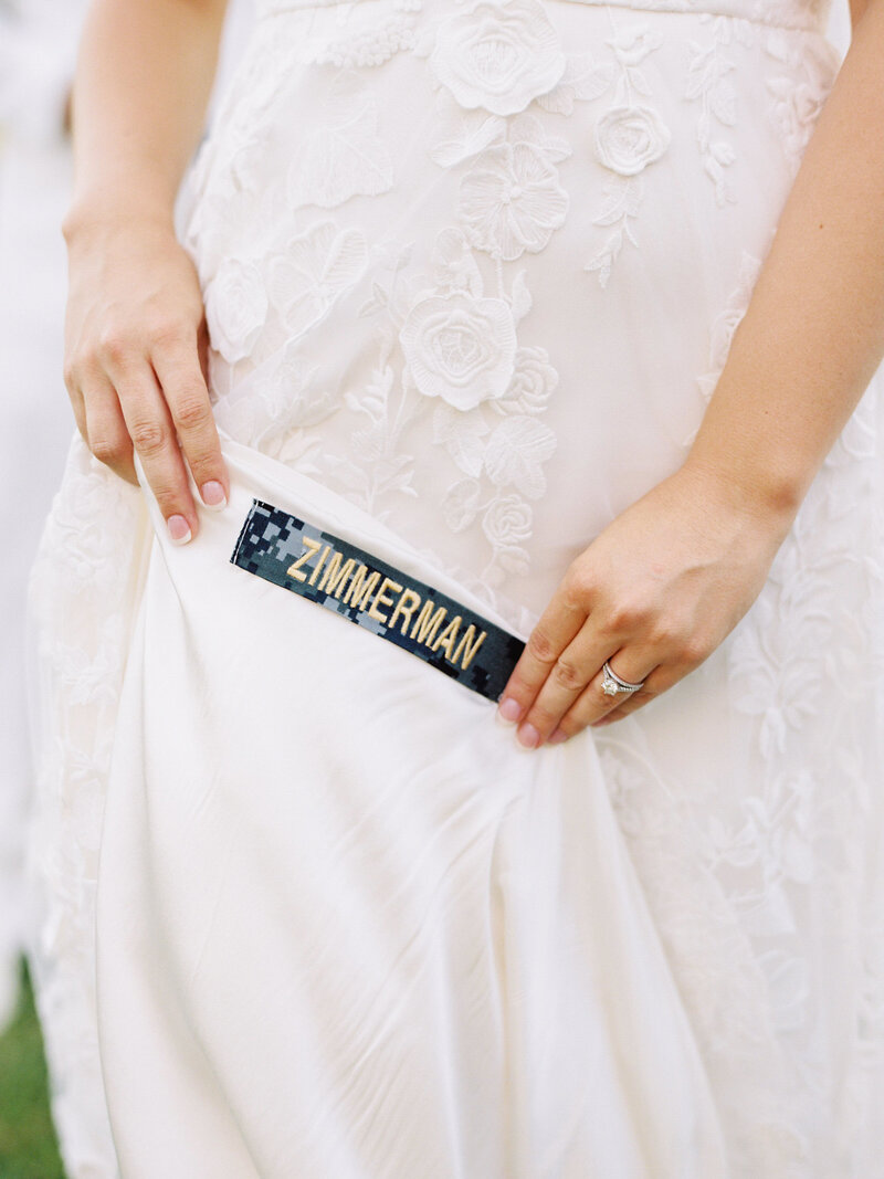 Navy Nameplate sewn into wedding dress