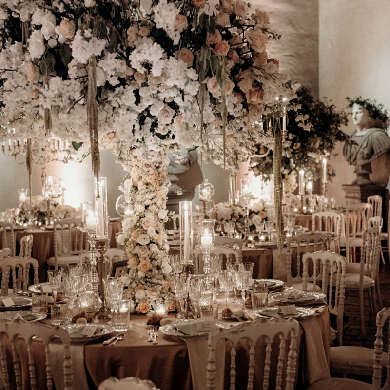 Elegant and luxurious centerpieces, destination wedding at the castle of bracciano rome