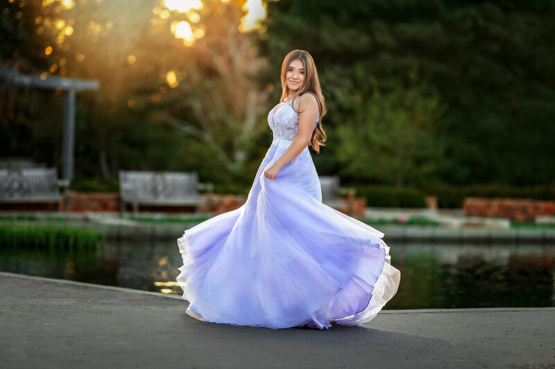 A Sweet 16 photo shoot captured by H&N Photography Denver of young lady wearing light purple dress