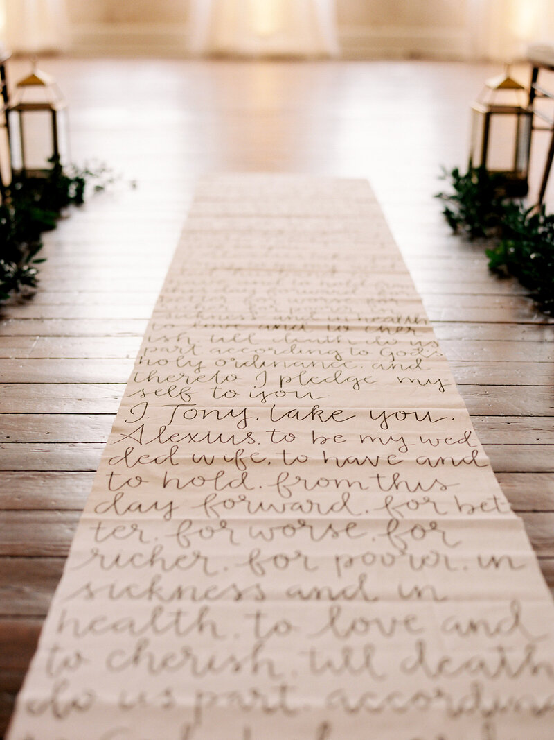 Custom handwritten aisle runner with vows