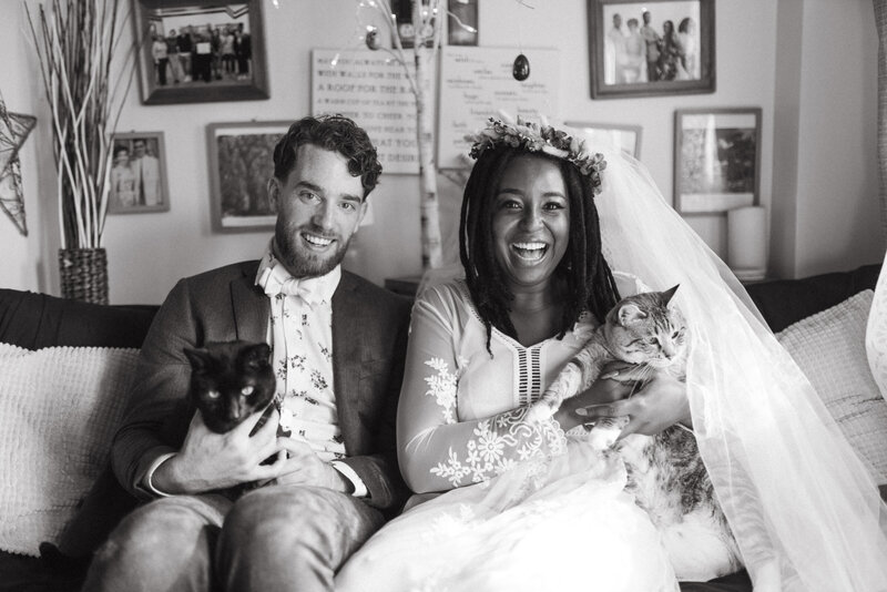bride and groom photos with cats
