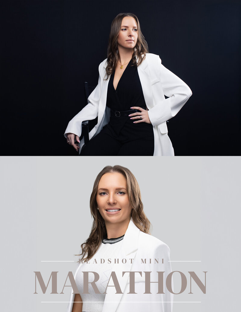 A professional business headshot of a confident woman seated against a sleek black studio backdrop, wearing a white blazer and black jumpsuit. Captured during a headshot mini-marathon session at Janel Lee Photography in Cincinnati, OH, this portrait highlights her poised expression and elegant personal branding.