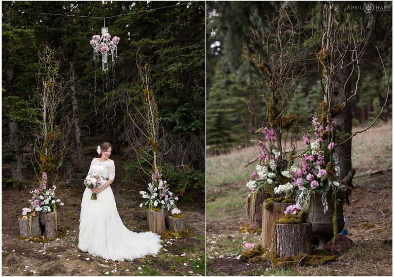 Forest Bride with pink and lavendar florals at Mountain View Ranch in CO