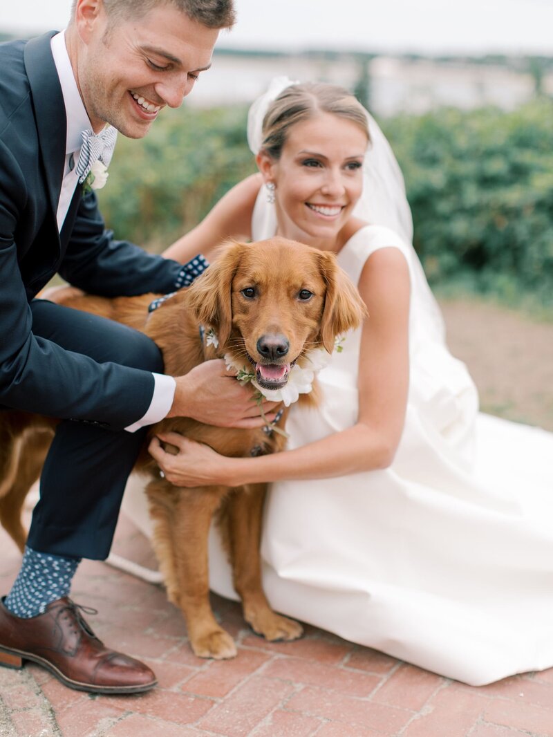 Bride and groom pose with dog