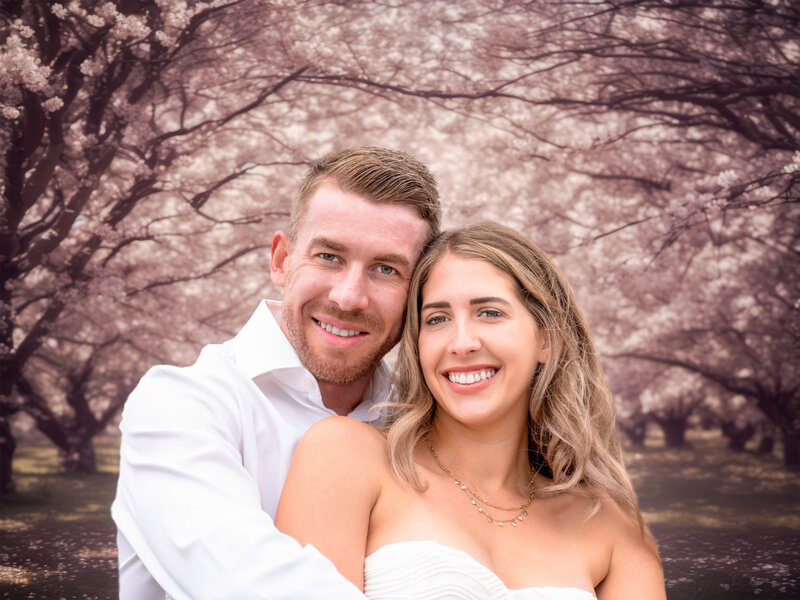 engagement photos with pink tree -