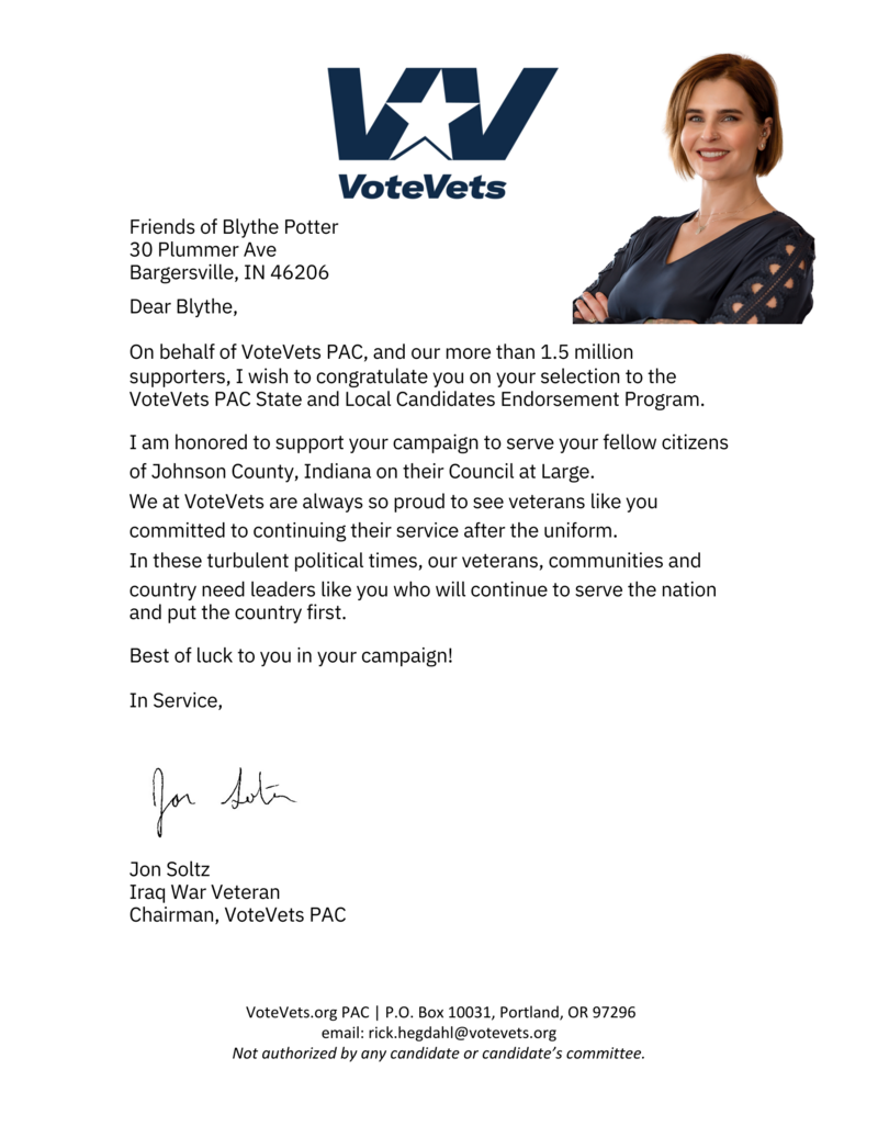 2024 VoteVets State & Local Endorsement Letter-Blythe Potter for Johnson County, Indiana Council at Large.pdf