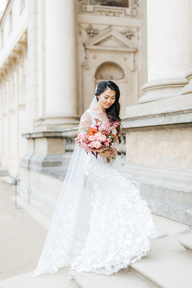 Asian bride in Prague in handmade wedding dress