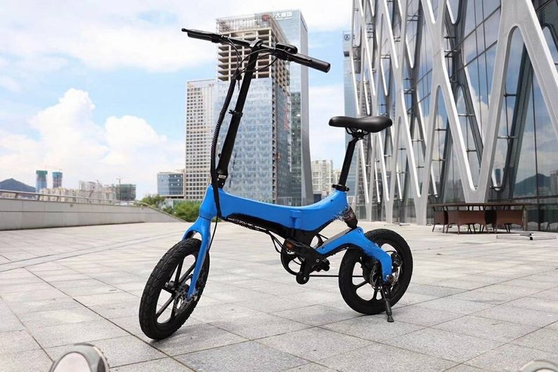 Blue Go-Bike with building in background;V&D Electric Bikes