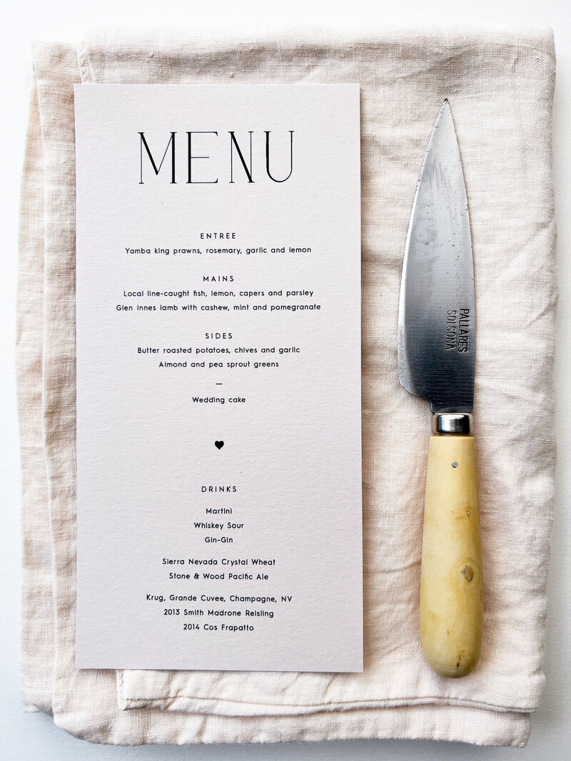 letterpress designer printed place setting menu cards for events and weddings