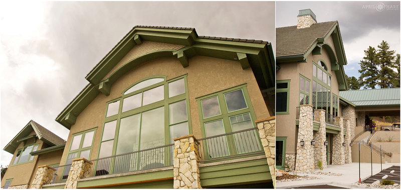 Exterior of Cielo at Castle Pines with it's mint green accent color on a stormy day