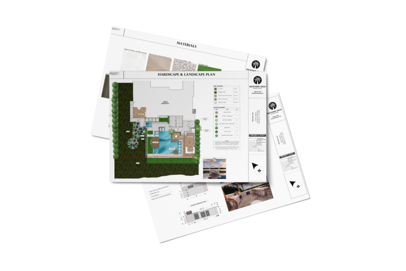 Stack of papers with hardscape & landscape plan, materials list, and outdoor kitchen details.