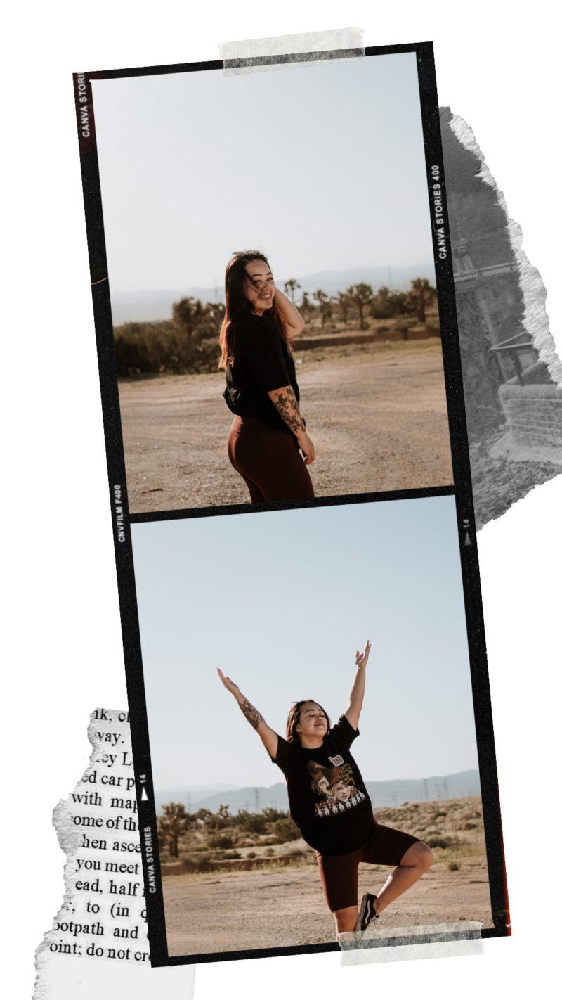 filmstrip of two images. first is a woman looking back at the camera and second, woman with one foot up by her leg and throwing both hands up in the air