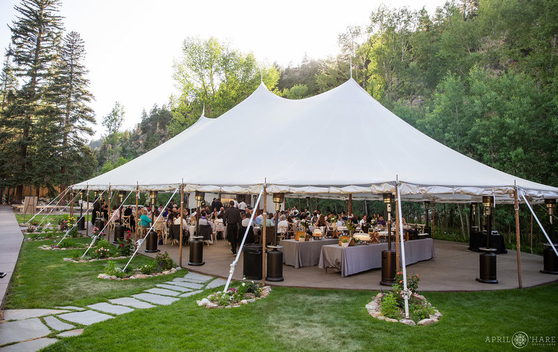 Large white tent at Blackstone Rivers Ranch Wedding Reception in Colorado