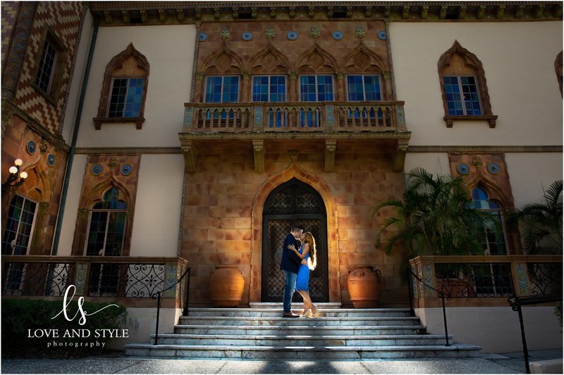 engaged couple backlit  at The Ringling museum in Sarasota