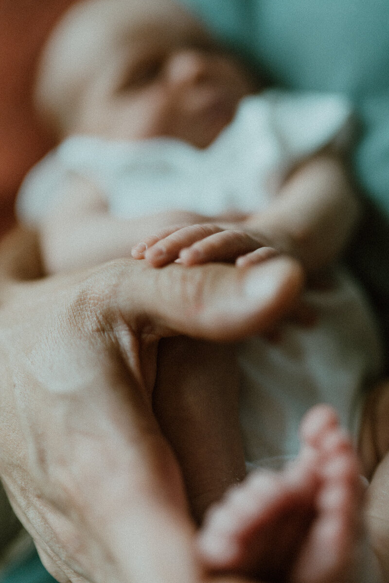 close up of newborn baby in hands of father