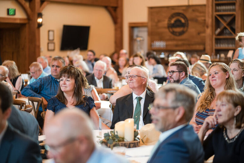guests listening to the speech at wedding reception.