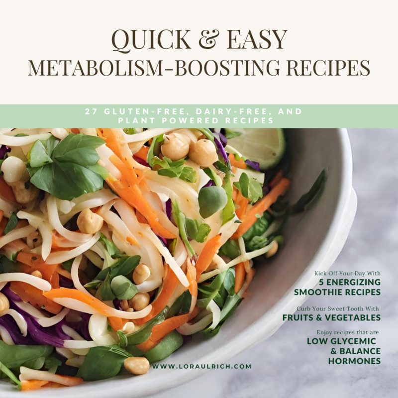 recipe book titled 'QUICK & EASY METABOLISM-BOOSTING RECIPES' with a salad bowl on the cover.