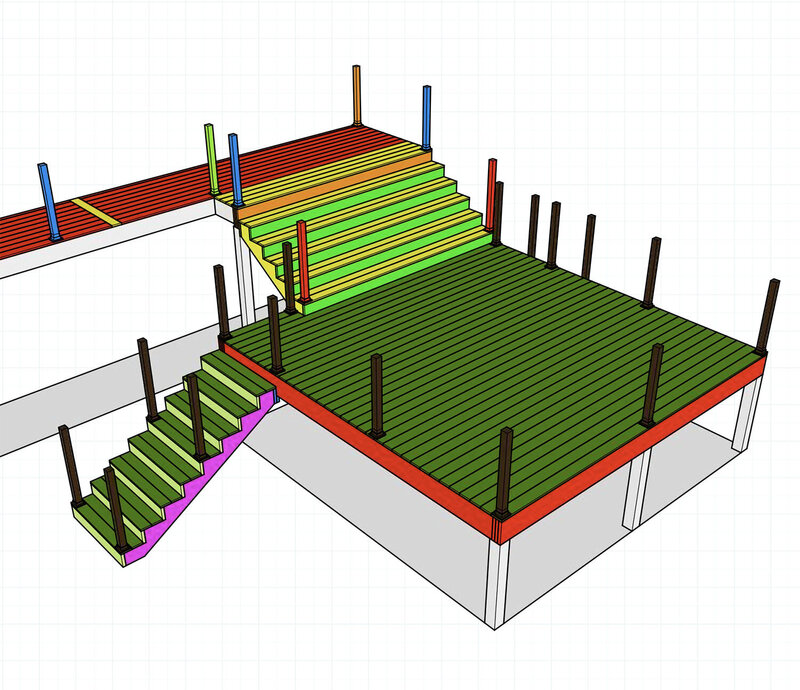 A color-coded SketchUp CAD drawing of a multi-level deck. 
