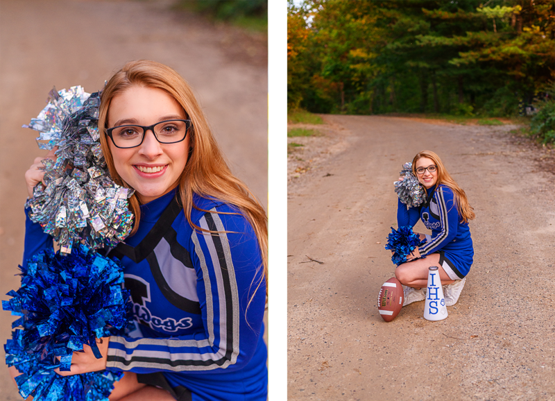 high school senior girl wearing ionia high school cheer uniform posed in the middle of a dirt road
