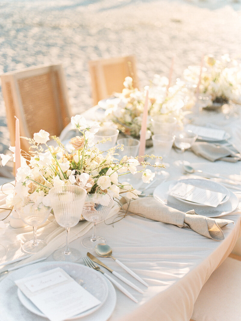 Destination wedding photographer - tan and white wedding tablescape