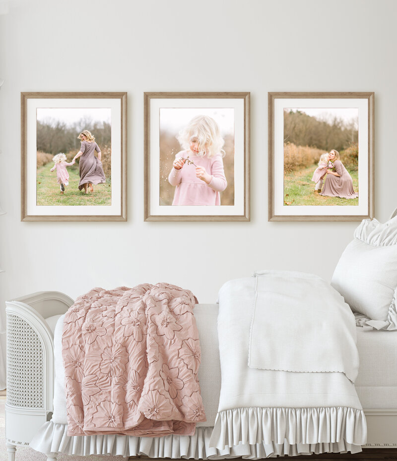 Three framed prints in a girl's bedroom captured by professional photographer in Winston-Salem NC Emily Richardson