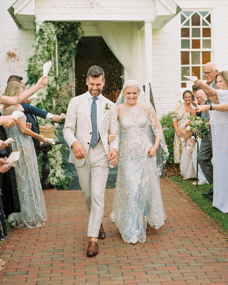 Blue Lace Gown with Beige Suit