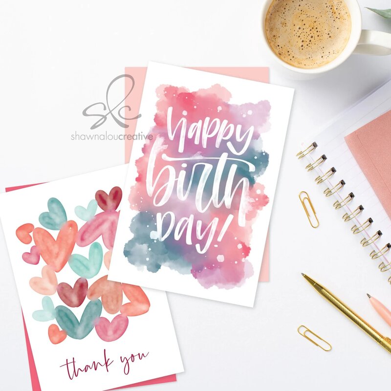 Custom hand lettered greeting card with watercolor and text "happy birthday"
