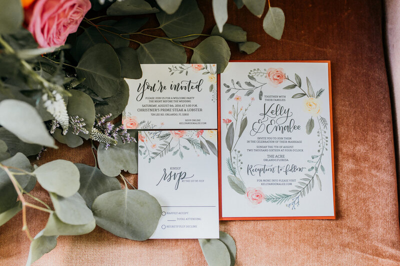 Bohemian Inspired Wedding Invitations with Watercolor Flowers in Yellow and Pink