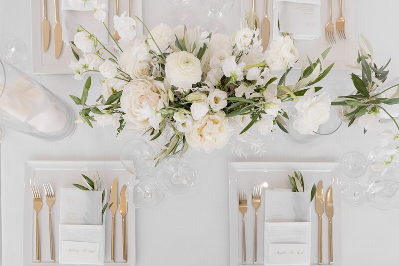 Closeup details of wedding decor setup with florals