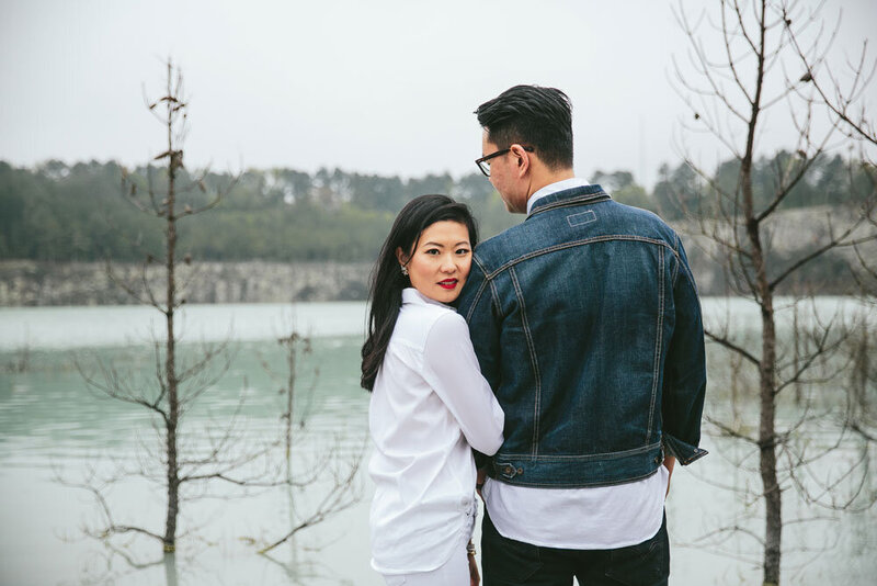 asian couple engagement shoot blue river outdoors photoshoot