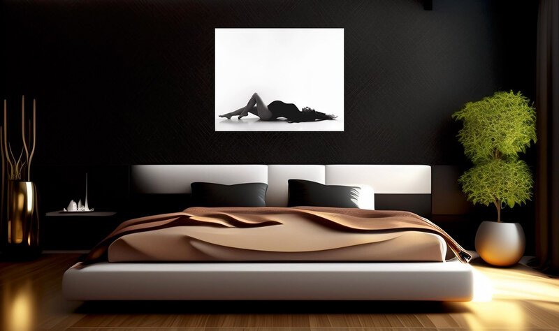 wall art displayed over bedroom bed in Pittsburgh photography studio