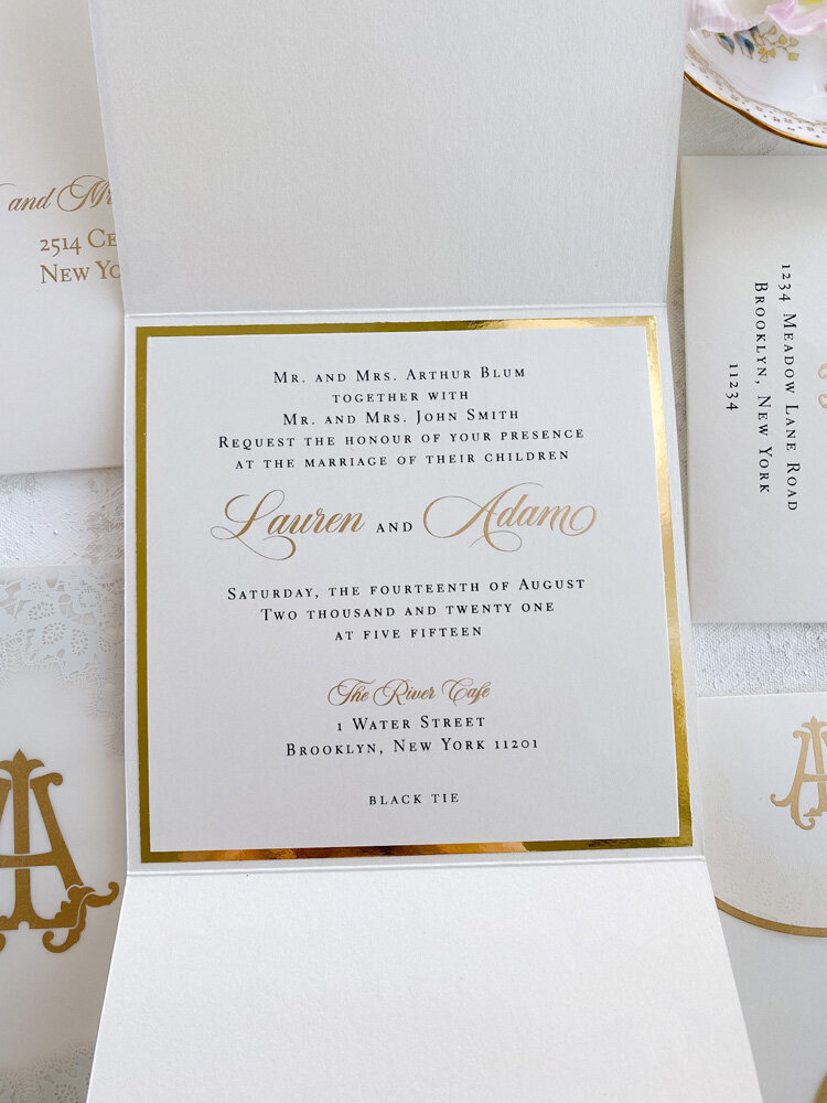 White and gold classic wedding invitations