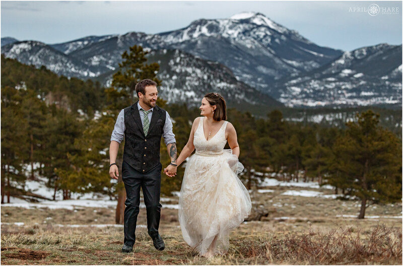 Couple enjoying their elopement day near 3 Mile Curve at Rocky Mountain National Park