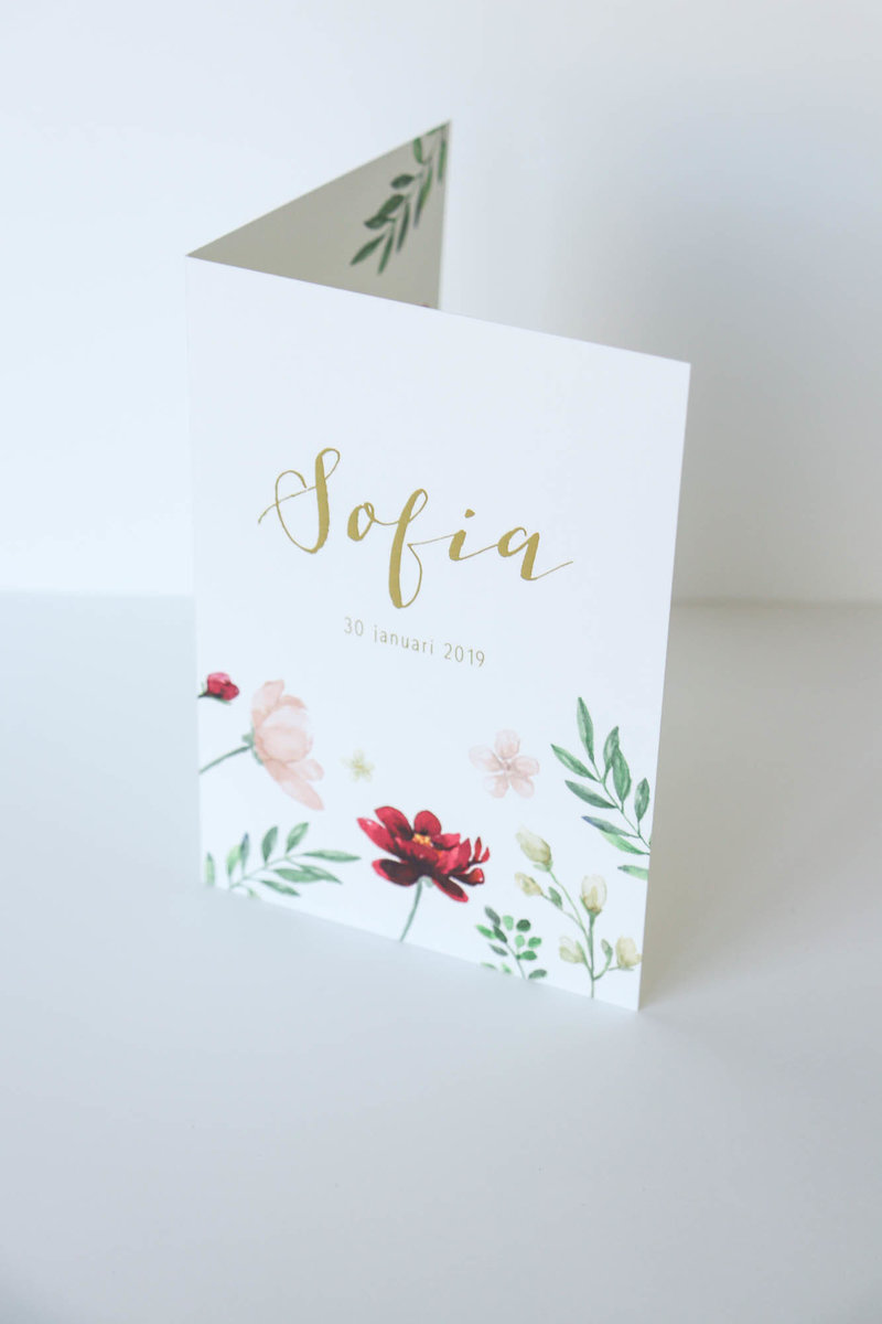 Goud, roze en bordeaux geboortekaartje Sofia bloemen