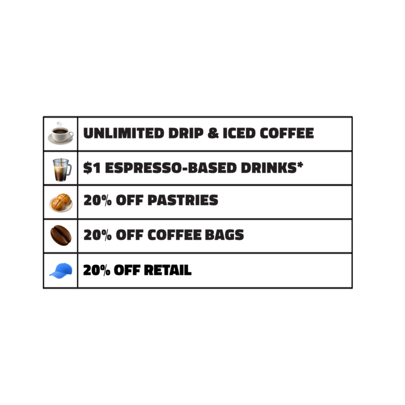 Quigley Coffee Co weekly membership benefits for $12 billed weekly: unlimited drip and iced coffee, $1 espresso-based drinks, 20% off pastries, 20% off coffee bags, and 20% off retail items.