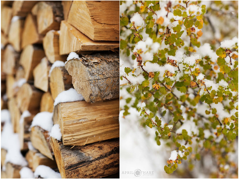 Scenes from a snowy fall color wedding during October at Meadow Creek Lodge & Event Center