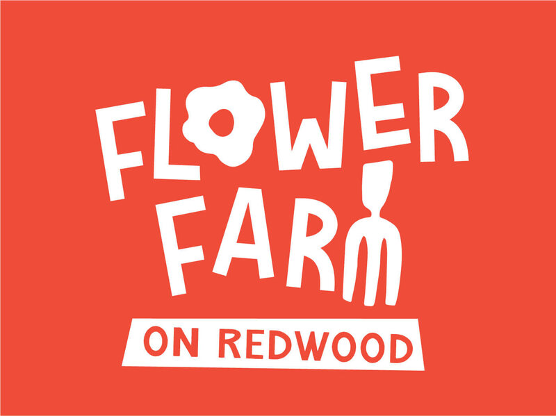 Red background with white flower farm on redwood stacked logo