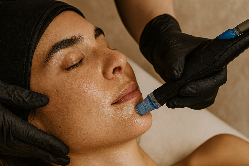 Close-up of Hydrafacial wand gently cleansing skin at Fresh Skin Babes Jenkintown PA.