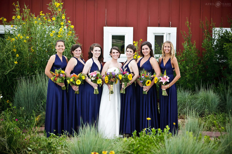 Bride with Bridesmaids Wedding photo with red barn at Chatfield Farms