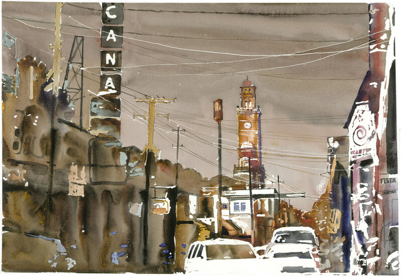 Watercolor painting of a city street in Mexico