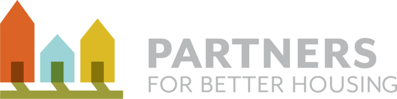 Partners for Better Housing Logo in bold font next to 3 connected, color house icons