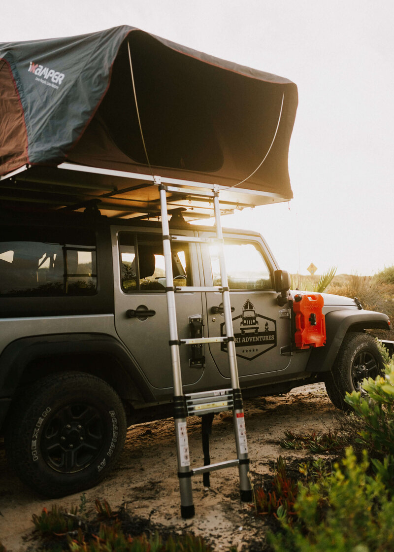 Jeep with a roof top tent for hire in California
