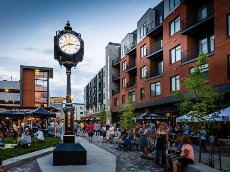 Downtown Loveland clock tower and red brick shopping district